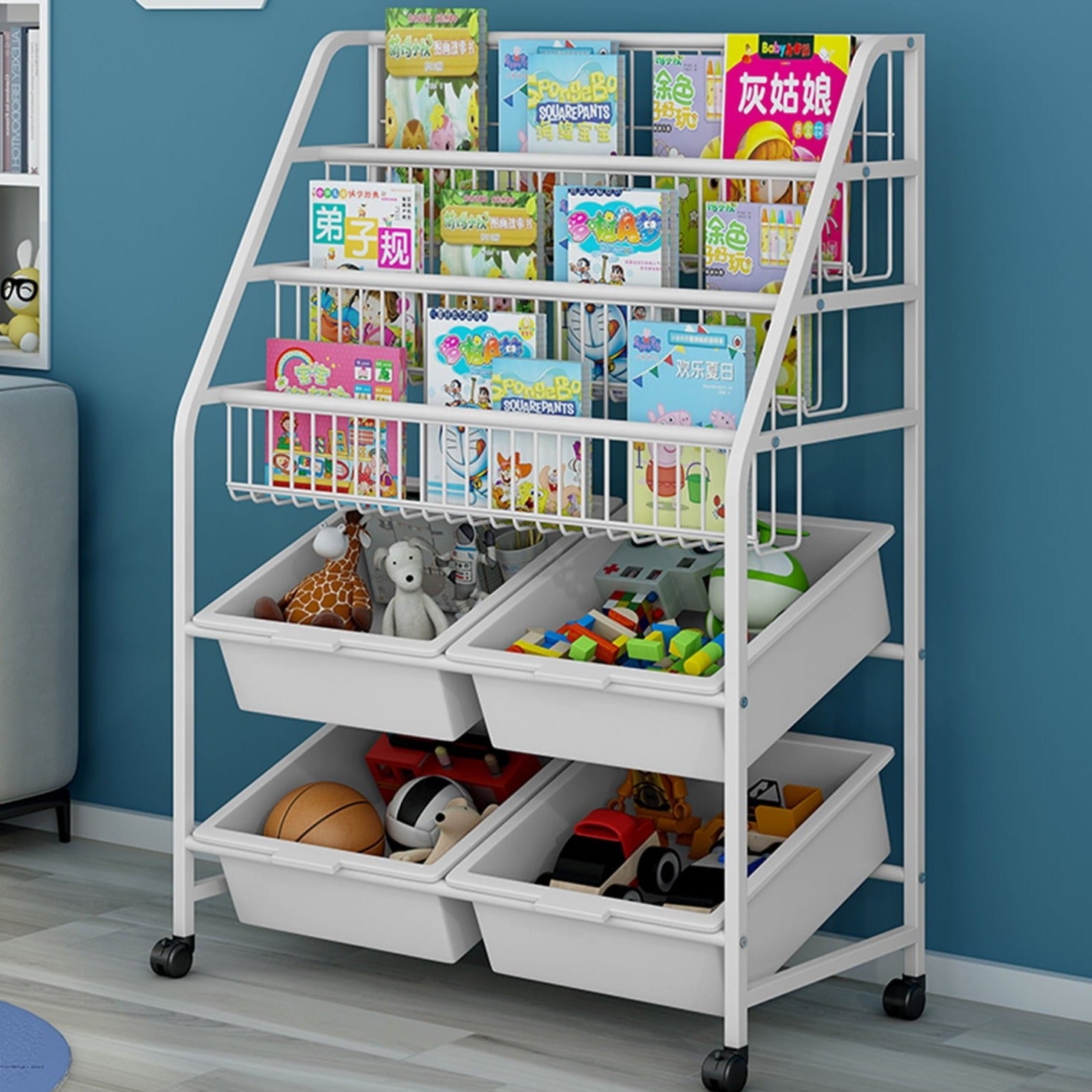 Toy Storage Cabinet,Children'S Toy Storage Rack with 4 Storage Box for Playroom Bedroom Living Room,Beige