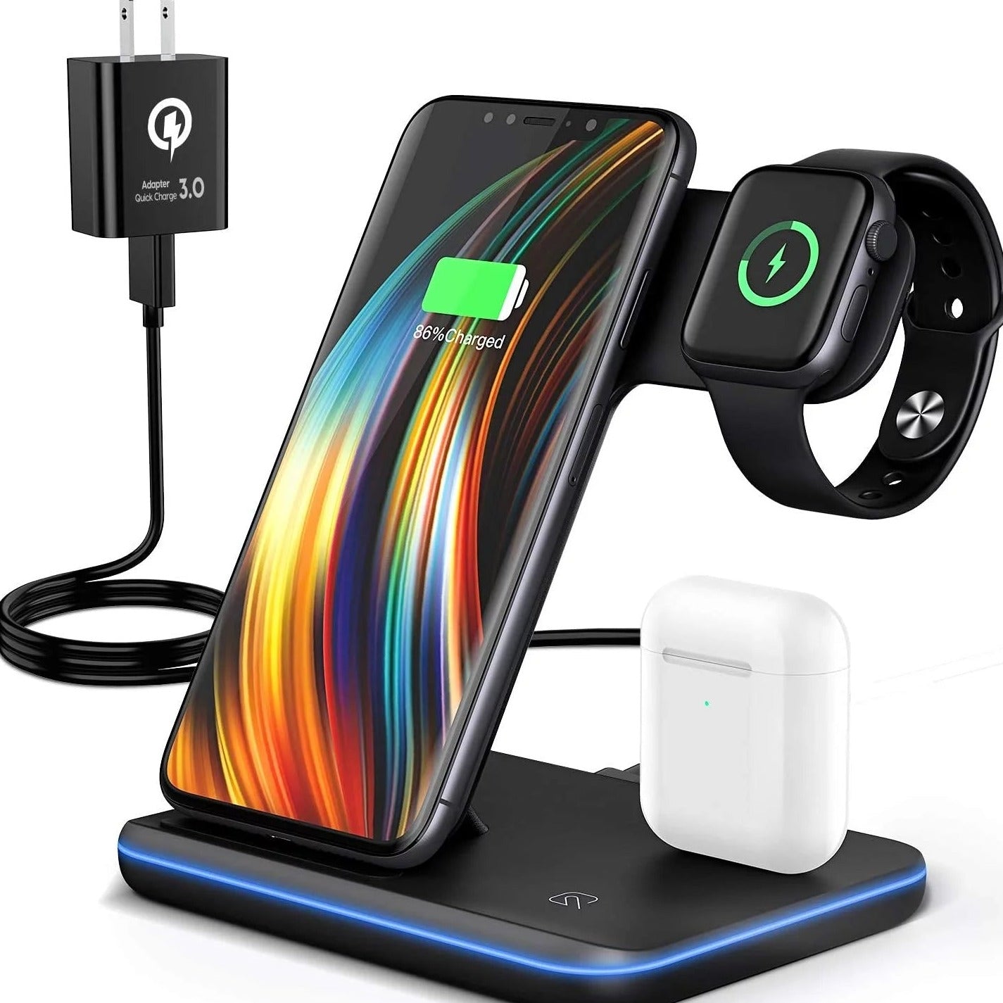 Wireless Charger Station, Qi-Certified 3 in 1 Fast Wireless Charger Stand with Breathing Indicator Compatible with Apple Watch Airpods for Iphone 14/13/12/11/Pro Max/12 Mini/11 Pro/Xr/8 Plus