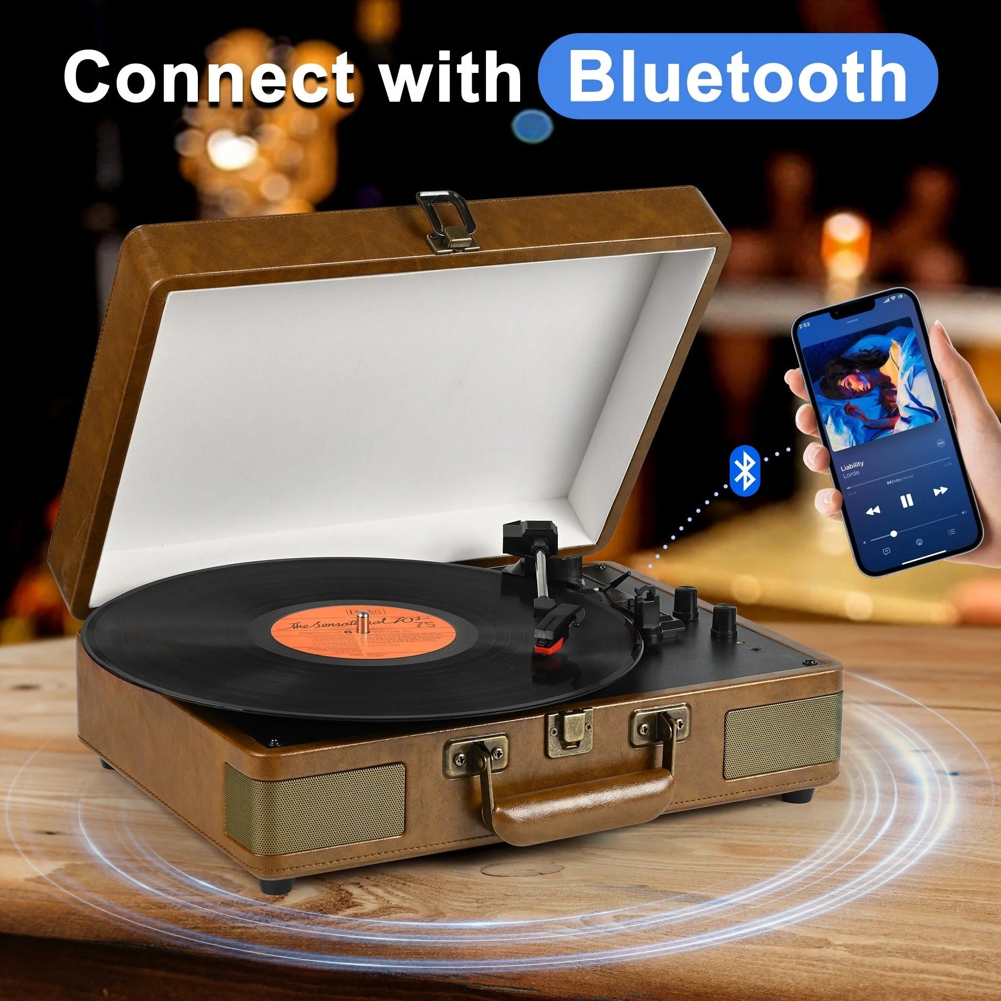 Record Player 3-Speed Bluetooth Portable Suitcase Record Player with Built-In Speakers Audio Turntable