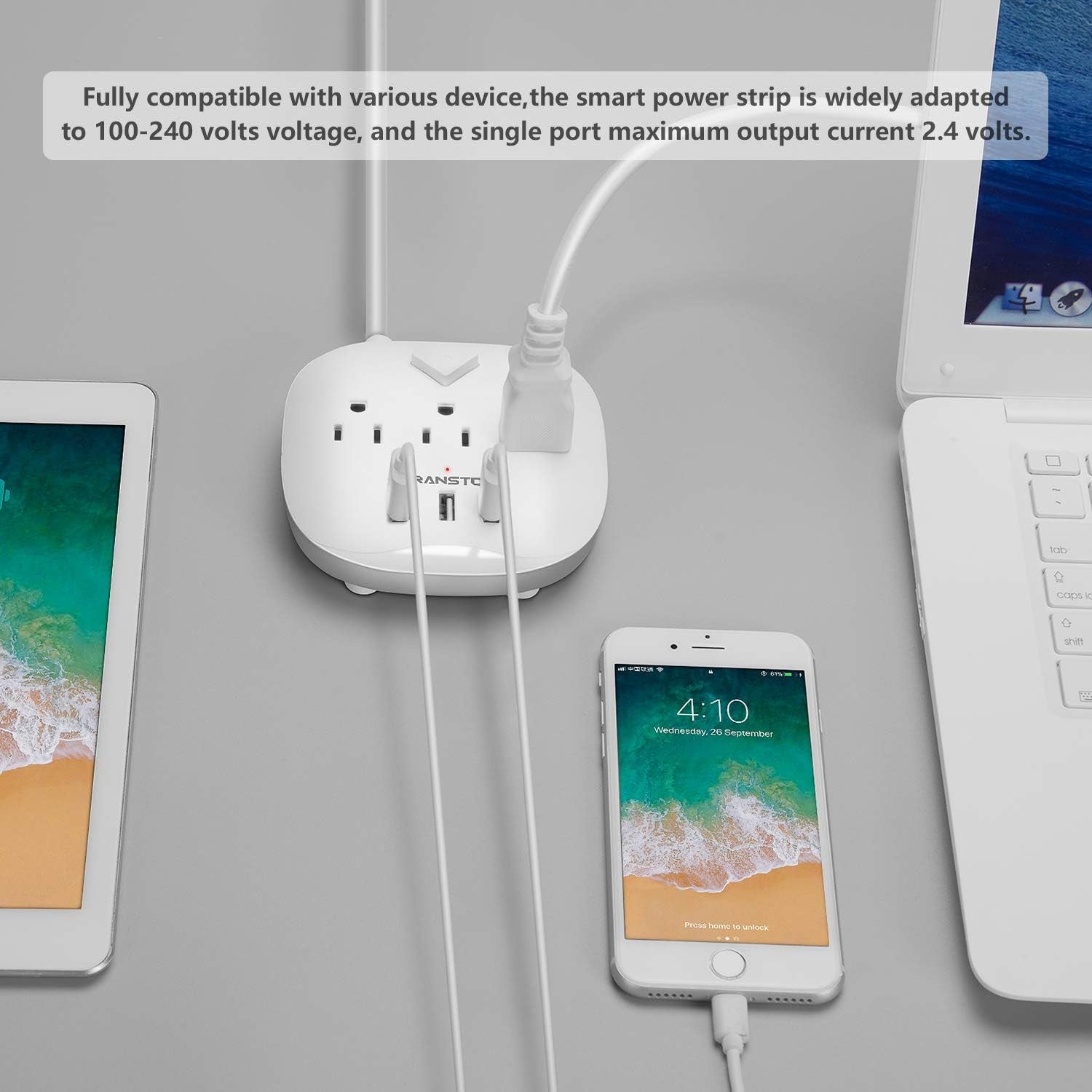 Power Strip 3 Outlets and 3 USB Ports with Switch Control, Desktop Charging Station with 5 Ft Extension Cord, Compact for Nightstand, Office and Travel - White