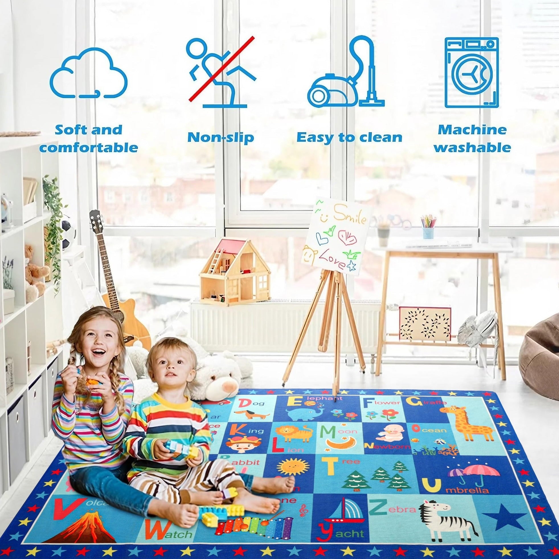 Kids Rugs for Playroom ABC Educational Area Rug, Cute Cartoon Daycare Supplies, Kids Gift for Playroom Bedroom,3'X5'Blue