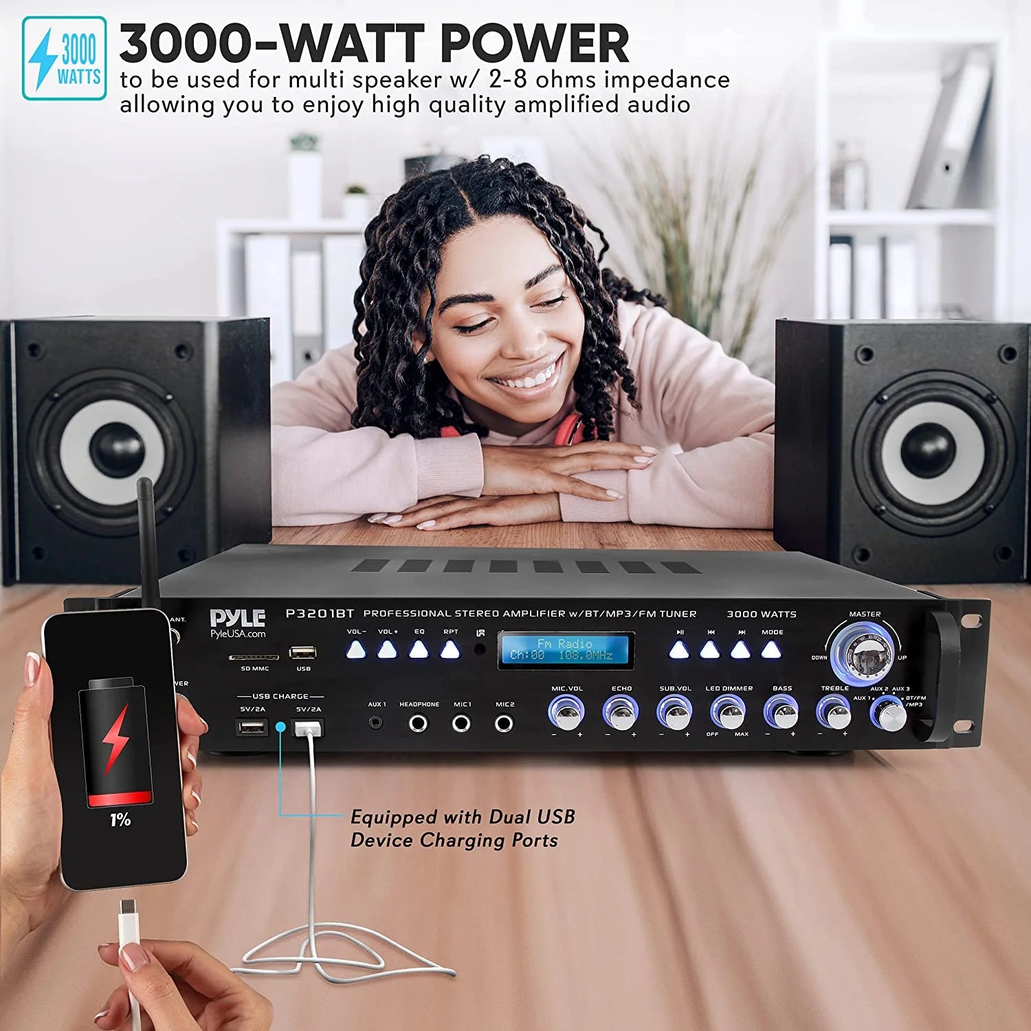 3000 Watt Pro Home Audio Multi Channel Bluetooth Hybrid Amplifier Receiver