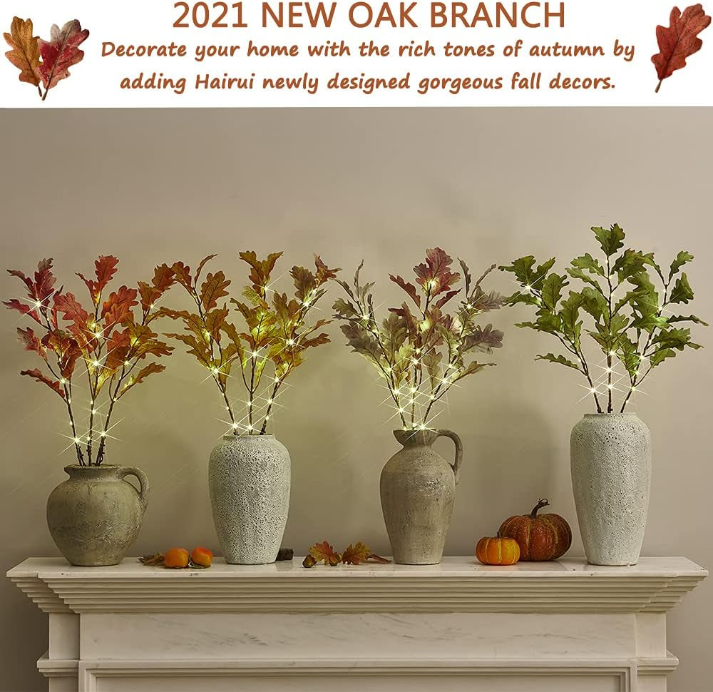 Lighted Red Oak Branches with Timer Battery Operated 25IN 24L LED, Tree Branch Lights for Fall Thanksgiving Halloween Christmas Decoration Indoor Outdoor