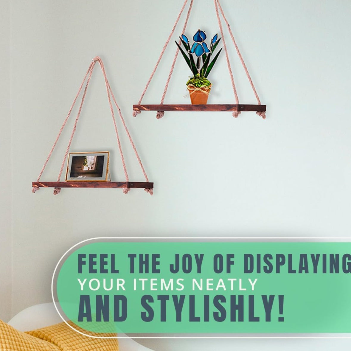 Hanging Shelves for Wall - Set of 2 – Rustic Farmhouse Boho Shelves with String– 17”X5.2” – Thick Distressed, Torched Look Real Wood - Brown Color
