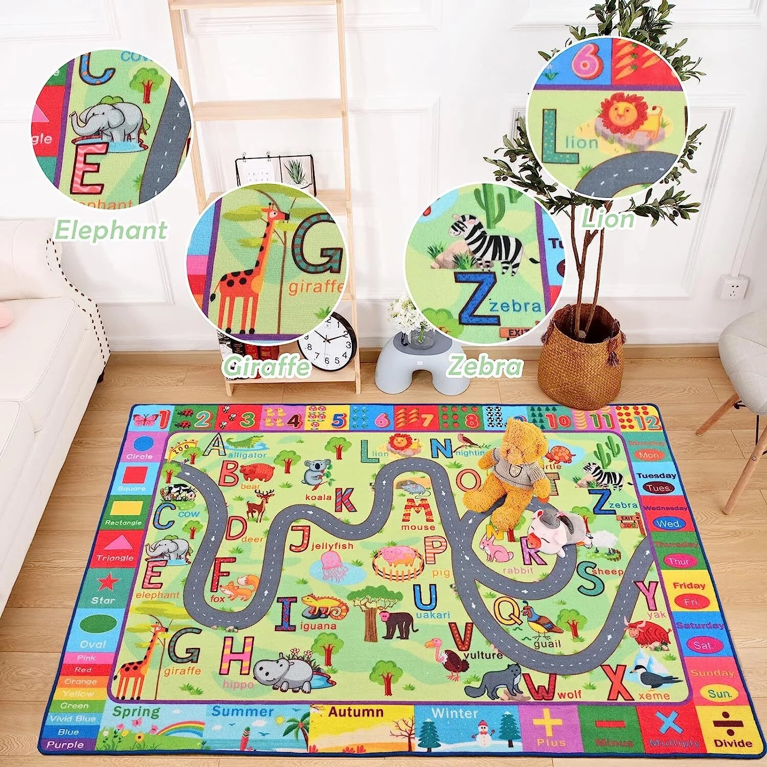 Kids Rugs Animals Zoo Carpet Play Rug for Playroom ABC Educational Mat Alphabet Area Rug, Cute Cartoon Daycare Supplies, Kids Gift for Playroom,Bedroom and Nursery 3'X5'