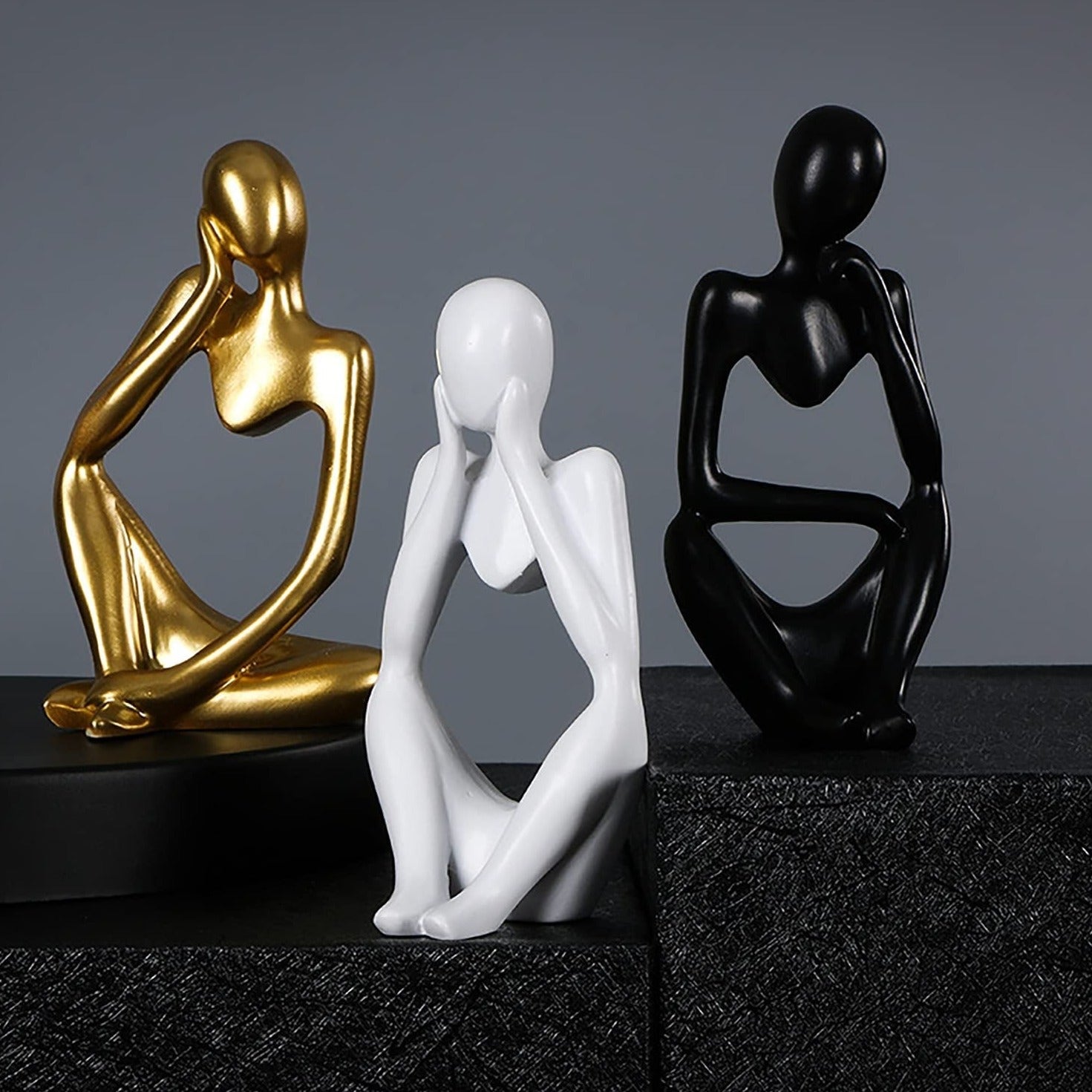 3 Piece the Thinker Statue Abstract Sculpture Bookshelf Decor White Resin Thinker Sculpture for Home Office Desk Desktop Living Room Decor Collection Cute Accent Figurine