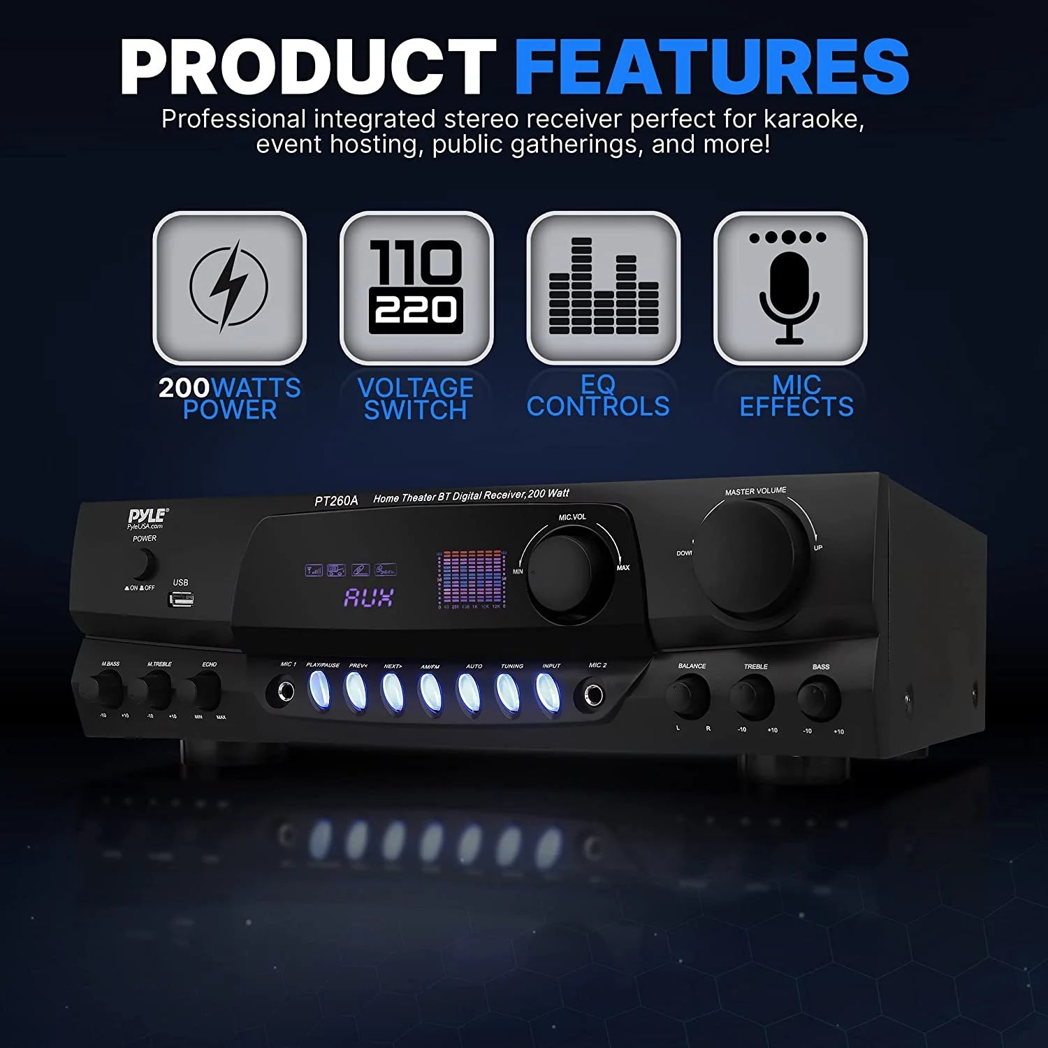 PT260A 200W 8-Ohm Home Digital AM FM Stereo Receiver Theater Audio, Black