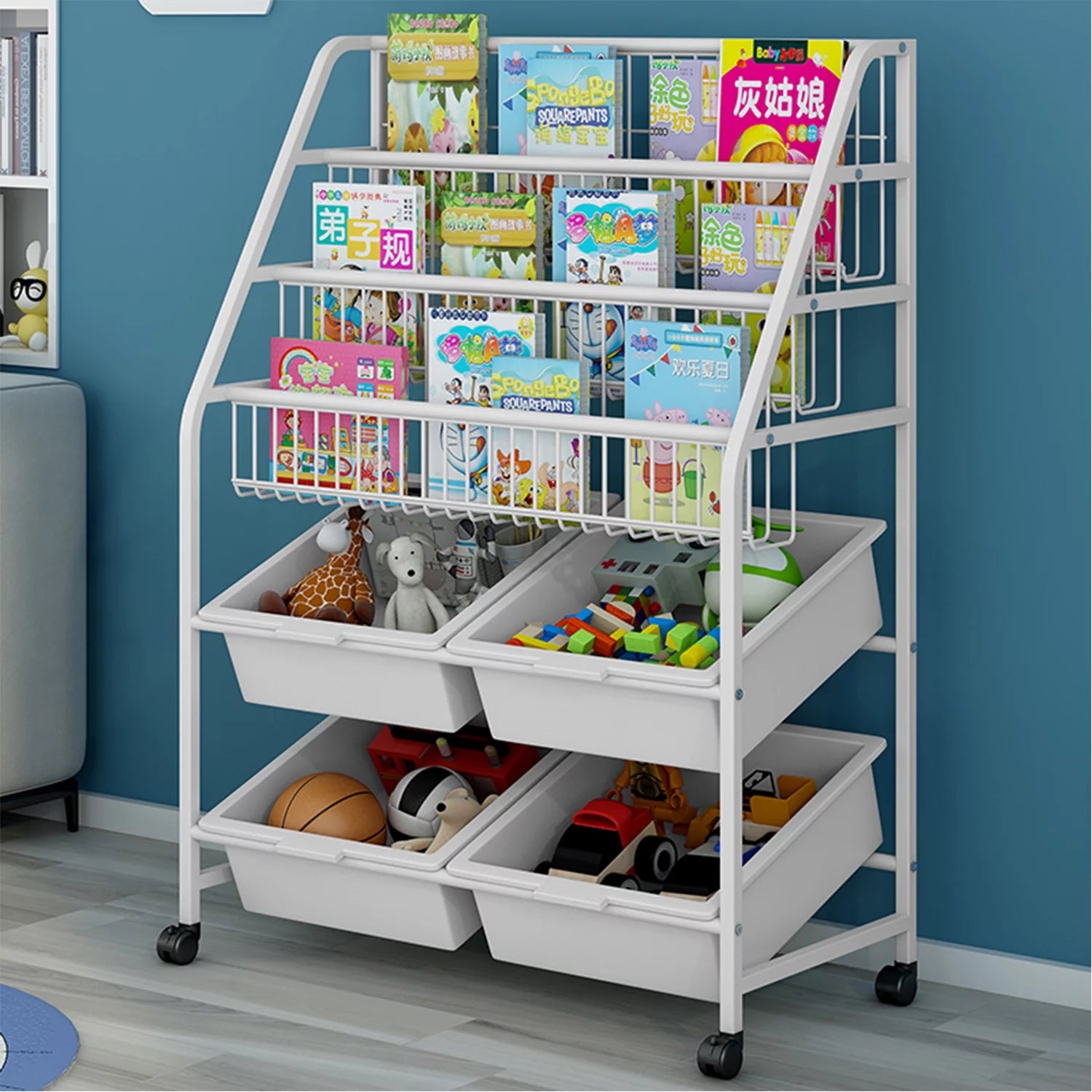 Toy Storage Cabinet,Children'S Toy Storage Rack with 4 Storage Box for Playroom Bedroom Living Room,Beige