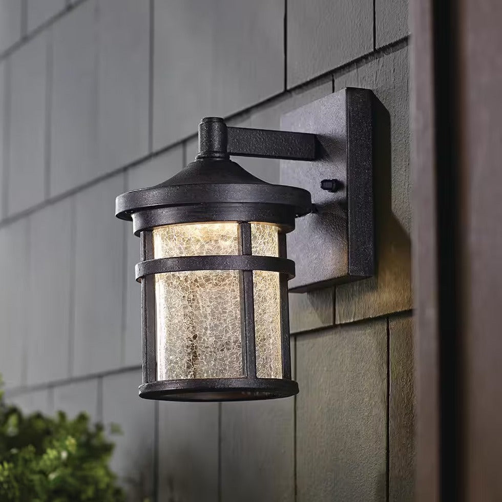 Westbury 8.5 In. Aged Iron Small LED Outdoor Wall Light Fixture with Clear Crackled Glass