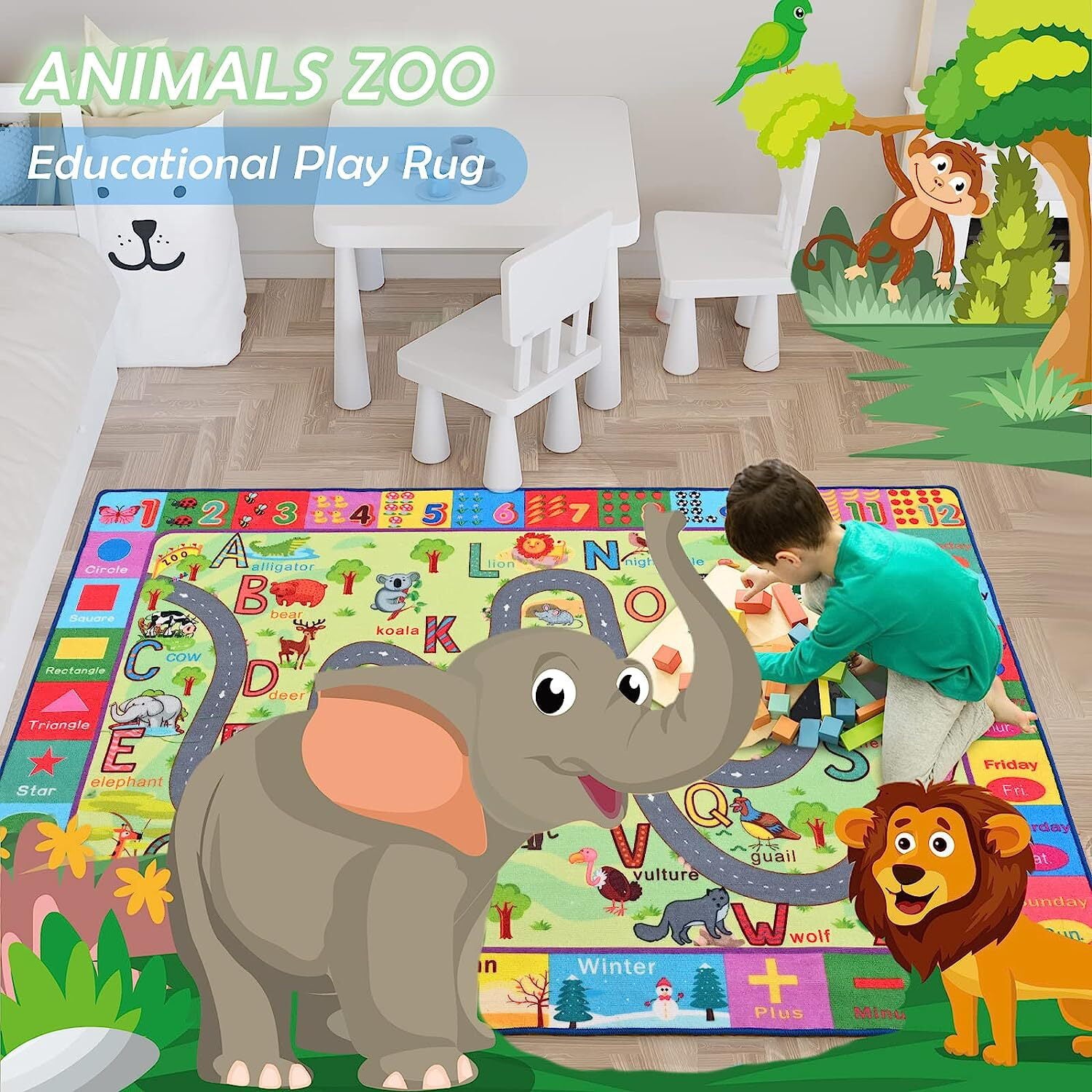 Kids Rugs Animals Zoo Carpet Play Rug for Playroom ABC Educational Mat Alphabet Area Rug, Cute Cartoon Daycare Supplies, Kids Gift for Playroom,Bedroom and Nursery 3'X5'