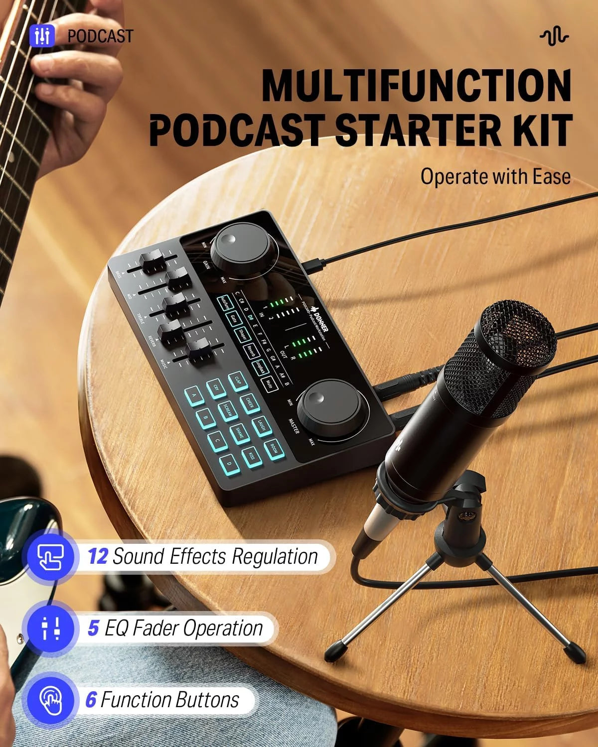 Podcast Equipment Bundle Kit with 6.35Mm Microphone, Multifunction Podcast Mixer with Audio Interface for Live Streaming, Music Recording, Fits Most PC, Smartphones, Tablets