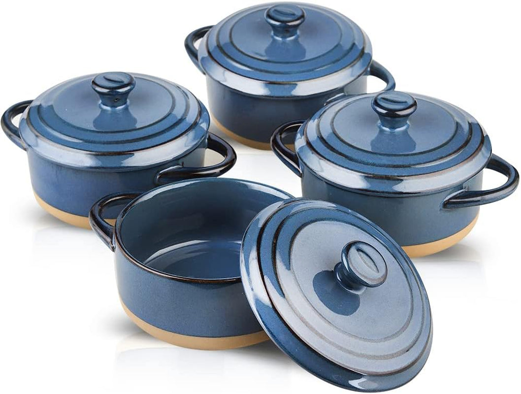 12 Oz Ramekins with Lids, Mini Casserole Dish with Lid Oven Safe, Small Casserole Dish Set, Oven Safe Bowls, Mini Baking Dishes for Oven with Lids, Farmhouse Style (Blue)