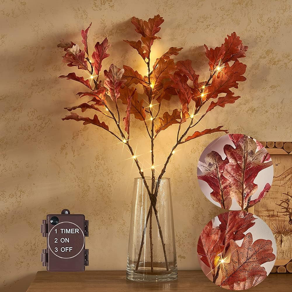 Lighted Red Oak Branches with Timer Battery Operated 25IN 24L LED, Tree Branch Lights for Fall Thanksgiving Halloween Christmas Decoration Indoor Outdoor