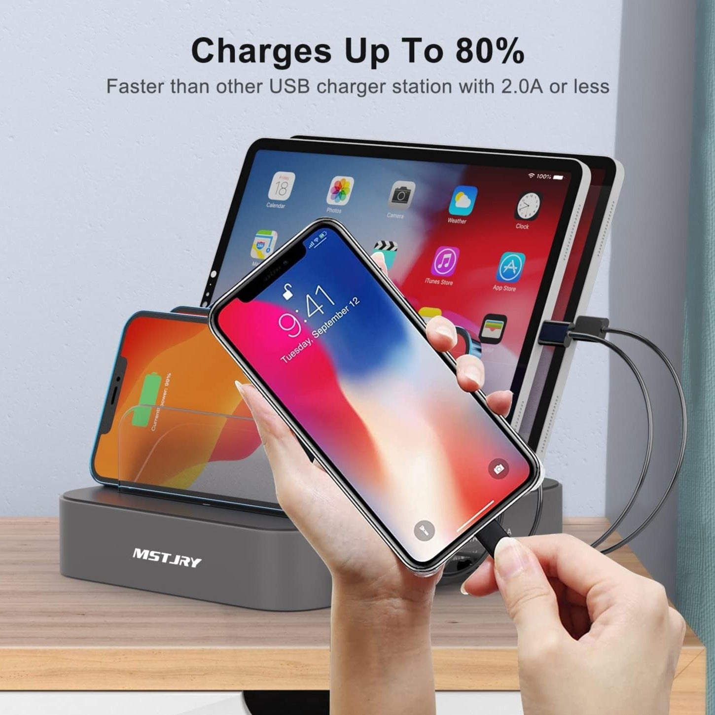 Charging Station for Multiple Devices, 5 Port Multi USB-A Charger Station with Power Switch Designed for Iphone Ipad Cell Phone Tablets (Gray, 7 Mixed Short Cables Included)