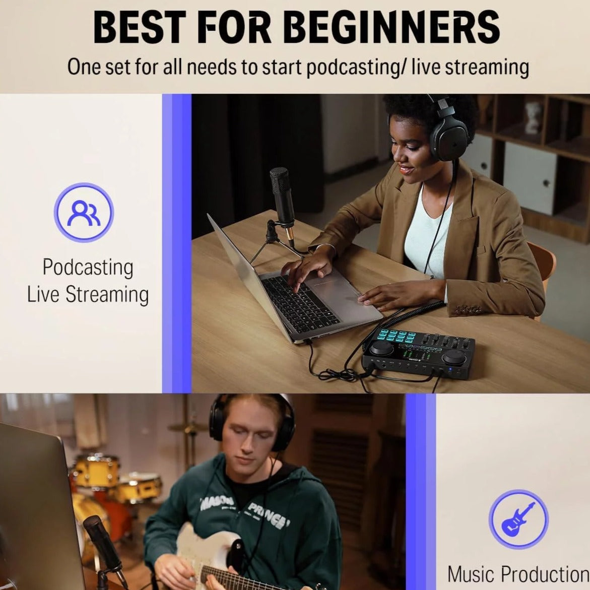 Podcast Equipment Bundle Kit with 6.35Mm Microphone, Multifunction Podcast Mixer with Audio Interface for Live Streaming, Music Recording, Fits Most PC, Smartphones, Tablets