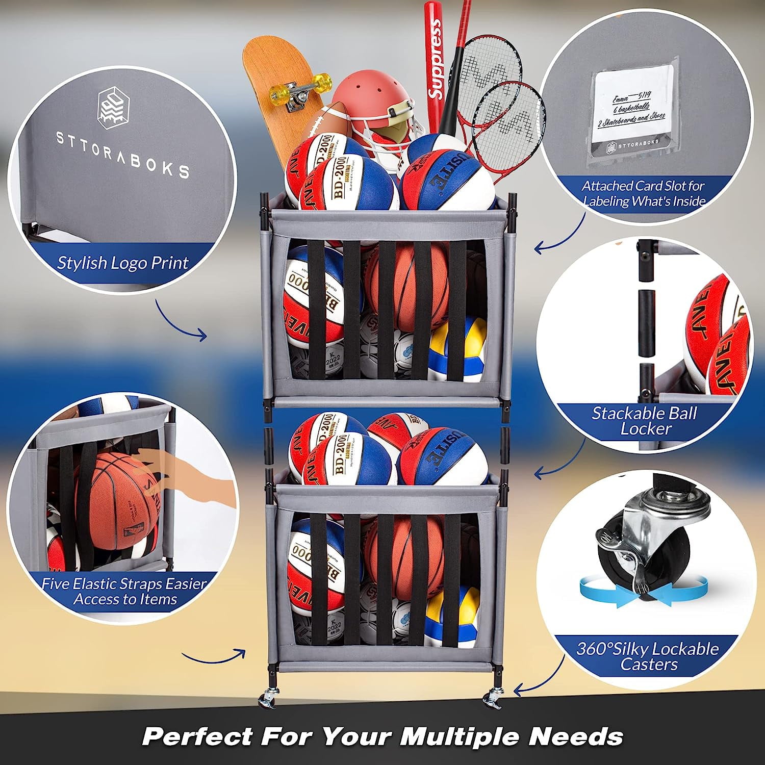 Sports Ball Storage Cart with Wheels, Lockable Ball Organizer Basket with Elastic Straps, Stackable Ball Cage for Garage Storage, Gym, Sports Equipment Storage Oxford Bin, Ball Case