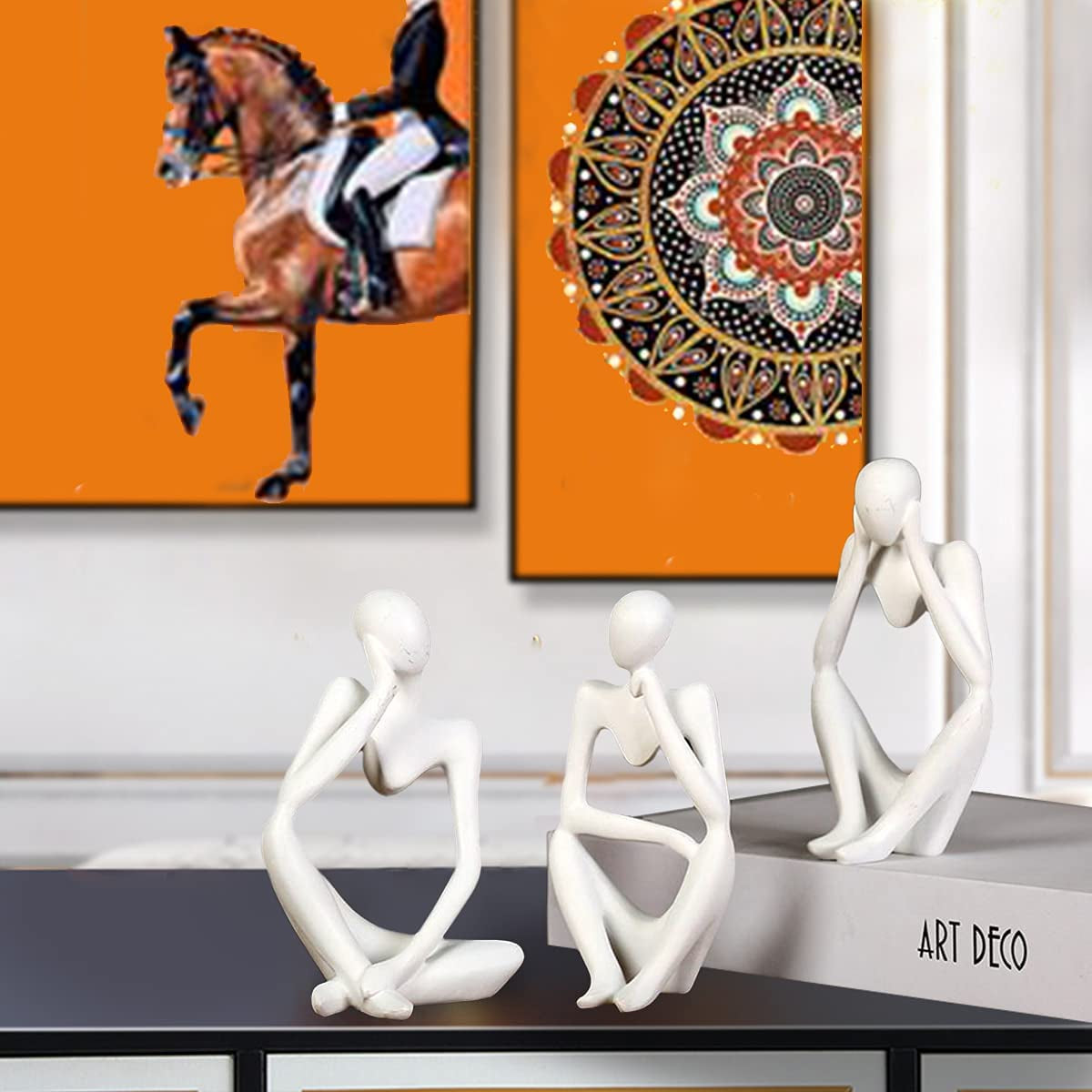3 Piece the Thinker Statue Abstract Sculpture Bookshelf Decor White Resin Thinker Sculpture for Home Office Desk Desktop Living Room Decor Collection Cute Accent Figurine