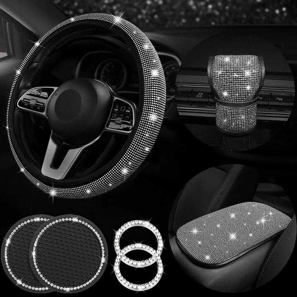 Diamond Bling Steering Wheel Cover for Women Foldable Universal Fit 15 Inch, Bling Auto Center Console Protective Cover, Crystal Shift Gear Cover, Car Coasters (White)