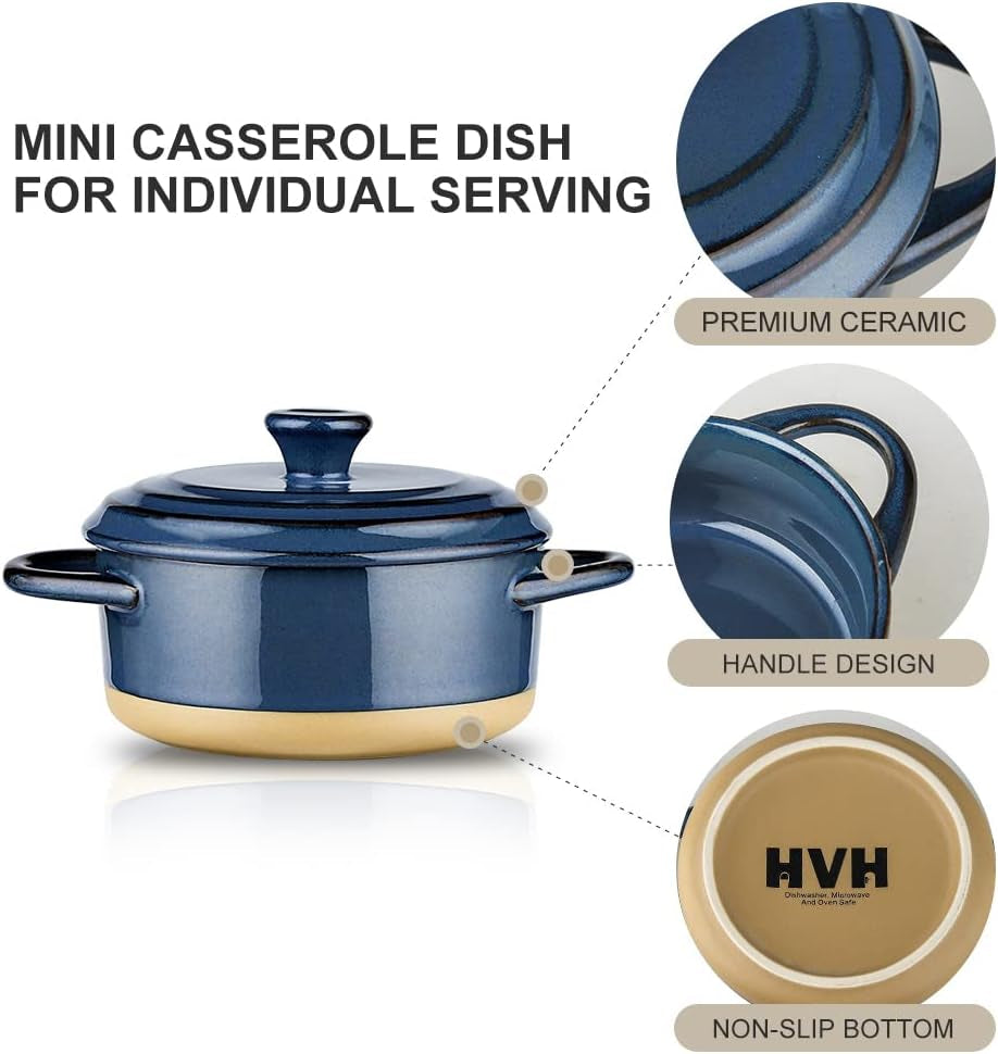 12 Oz Ramekins with Lids, Mini Casserole Dish with Lid Oven Safe, Small Casserole Dish Set, Oven Safe Bowls, Mini Baking Dishes for Oven with Lids, Farmhouse Style (Blue)
