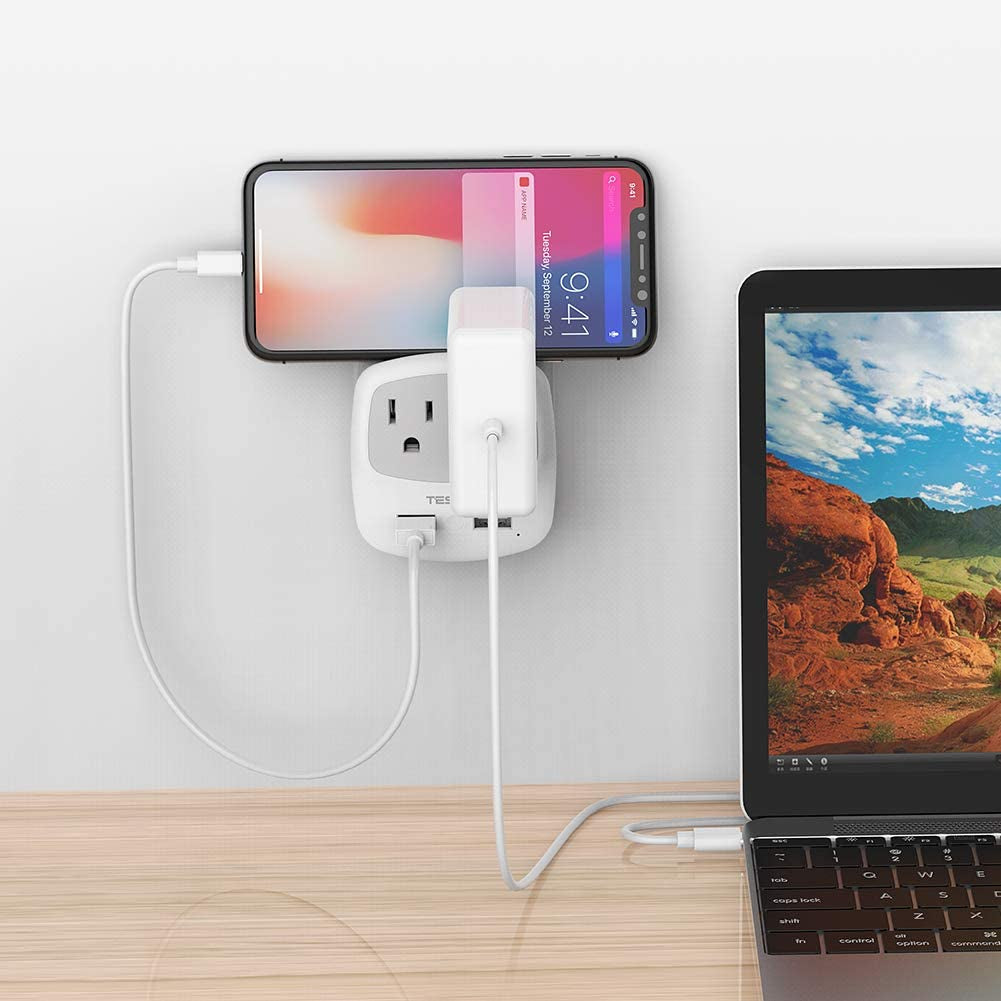 Germany France Power Adapter, Schuko Type E/F Plug Adaptor with 2 USB Ports 2 AC Outlets, US to Europe German Frence Spain Iceland Russia Greece Korea Electrical Charger(2 Pack)