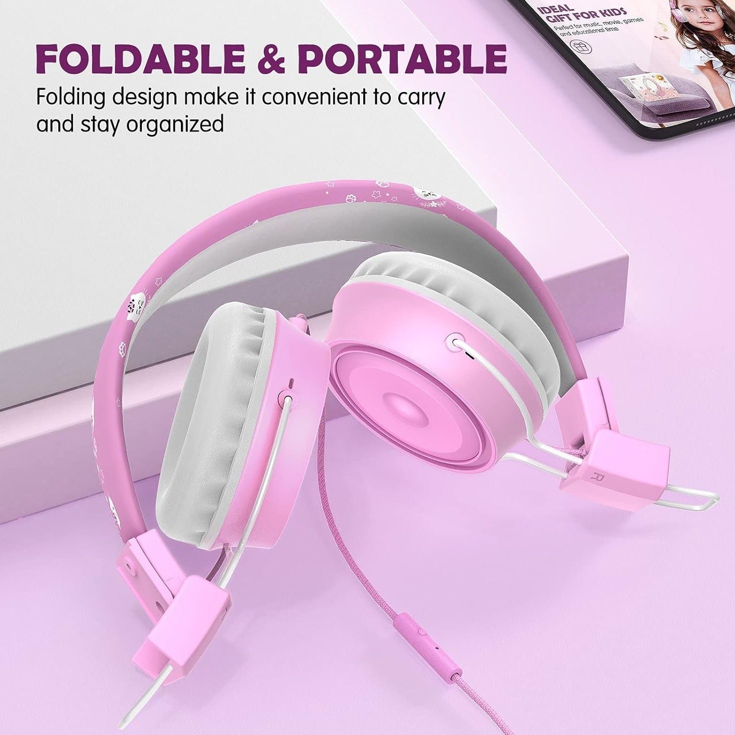Kids Headphones, Wired Headphones for Boys Teen Girls, Children Headphones with 85Db Volume Limit, On-Ear Headphones for School, Travel, Cellphones, Tablets, Pc（Pink）