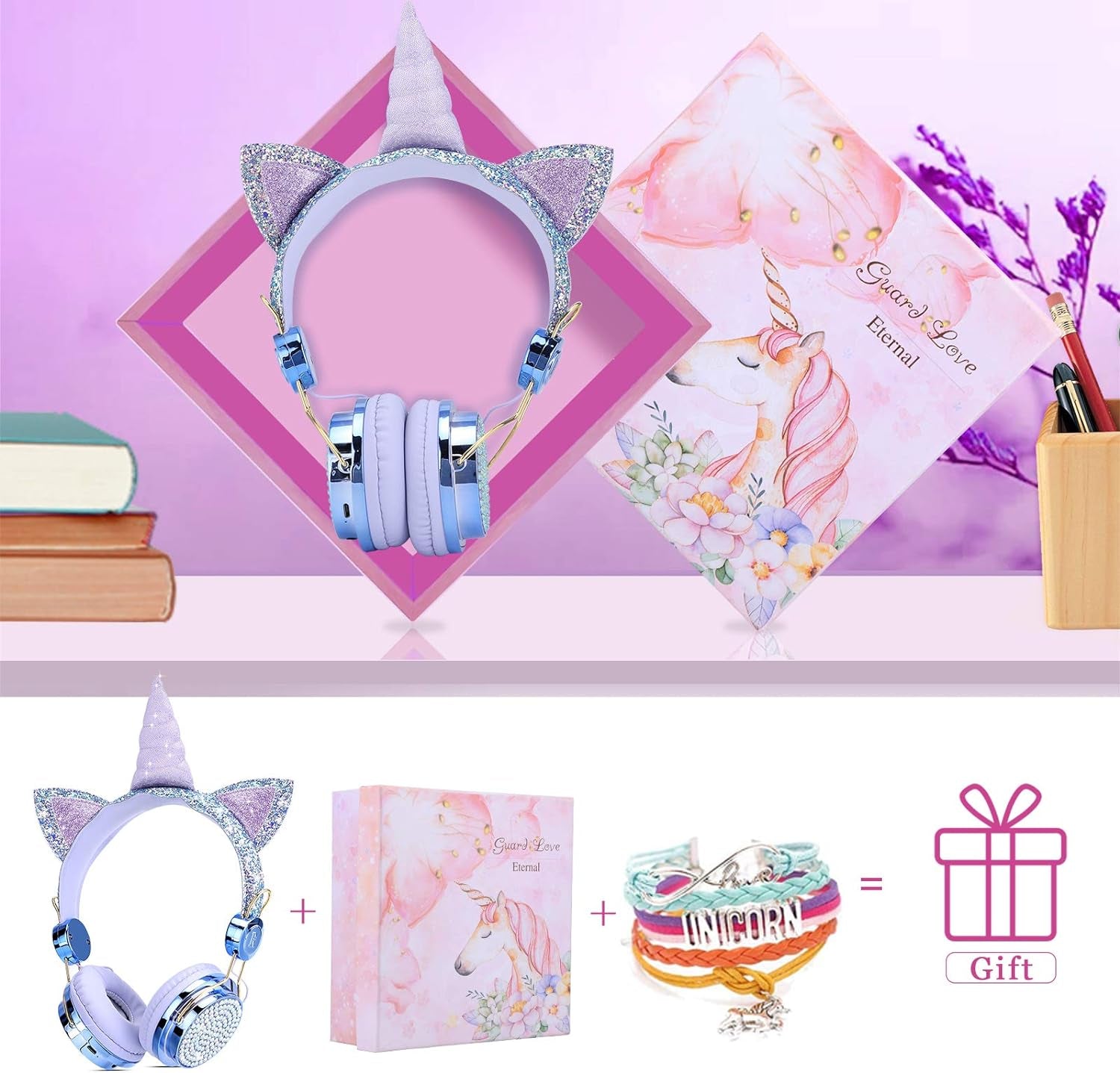 Kids Headphones, Wireless Headphones for Kids Unicorn Headphones for Girls Bluetooth Headphones W/Mic with Adjustable Headband, over on Ear Headset for Smartphones/School/Kindle/Tablet/Pc (Blue)