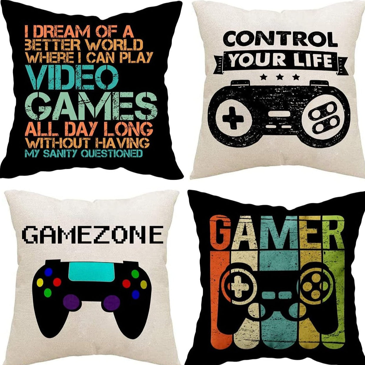 Gamer Game Controller Set of 4 Linen Square Throw Pillow Video Games Case Cushion Cover for Playroom Office Bed Sofa Decor 18"X 18"