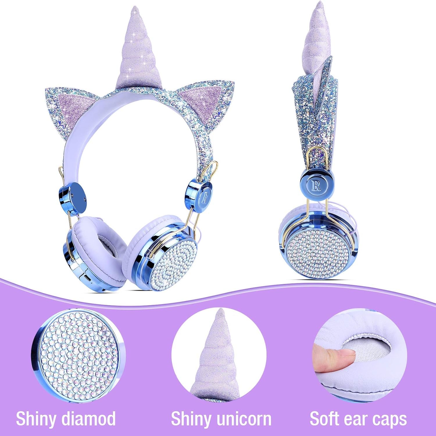 Kids Headphones, Wireless Headphones for Kids Unicorn Headphones for Girls Bluetooth Headphones W/Mic with Adjustable Headband, over on Ear Headset for Smartphones/School/Kindle/Tablet/Pc (Blue)