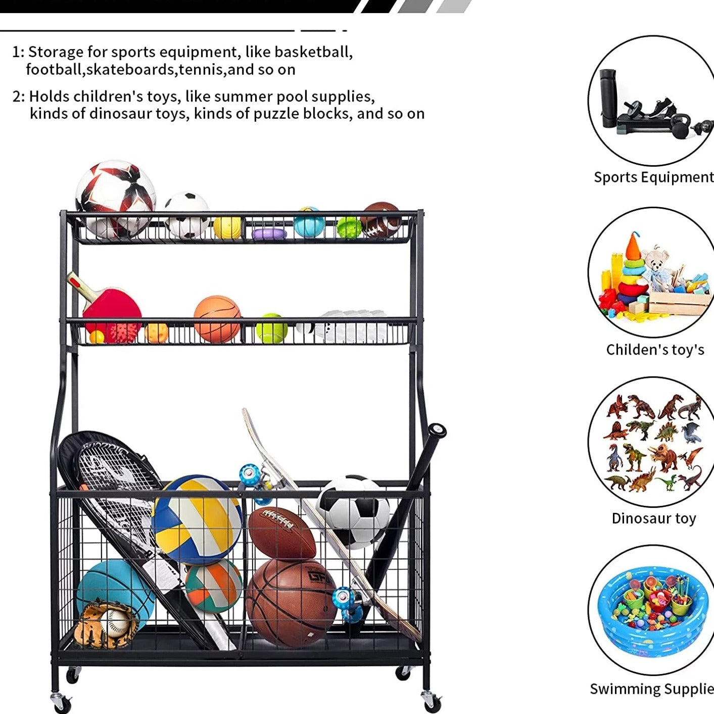 Sports Equipment Organizer, Ball Storage Rack, Garage Ball Storage, Sports Gear Storage, Rolling Sports Ball Storage Cart