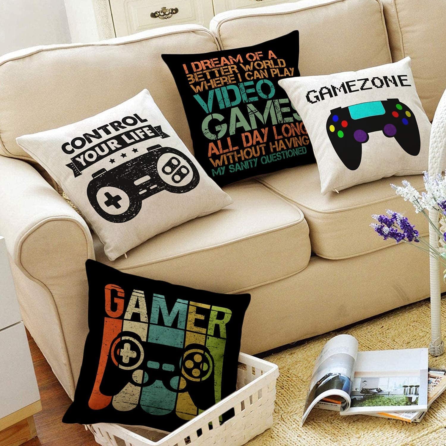 Gamer Game Controller Set of 4 Linen Square Throw Pillow Video Games Case Cushion Cover for Playroom Office Bed Sofa Decor 18