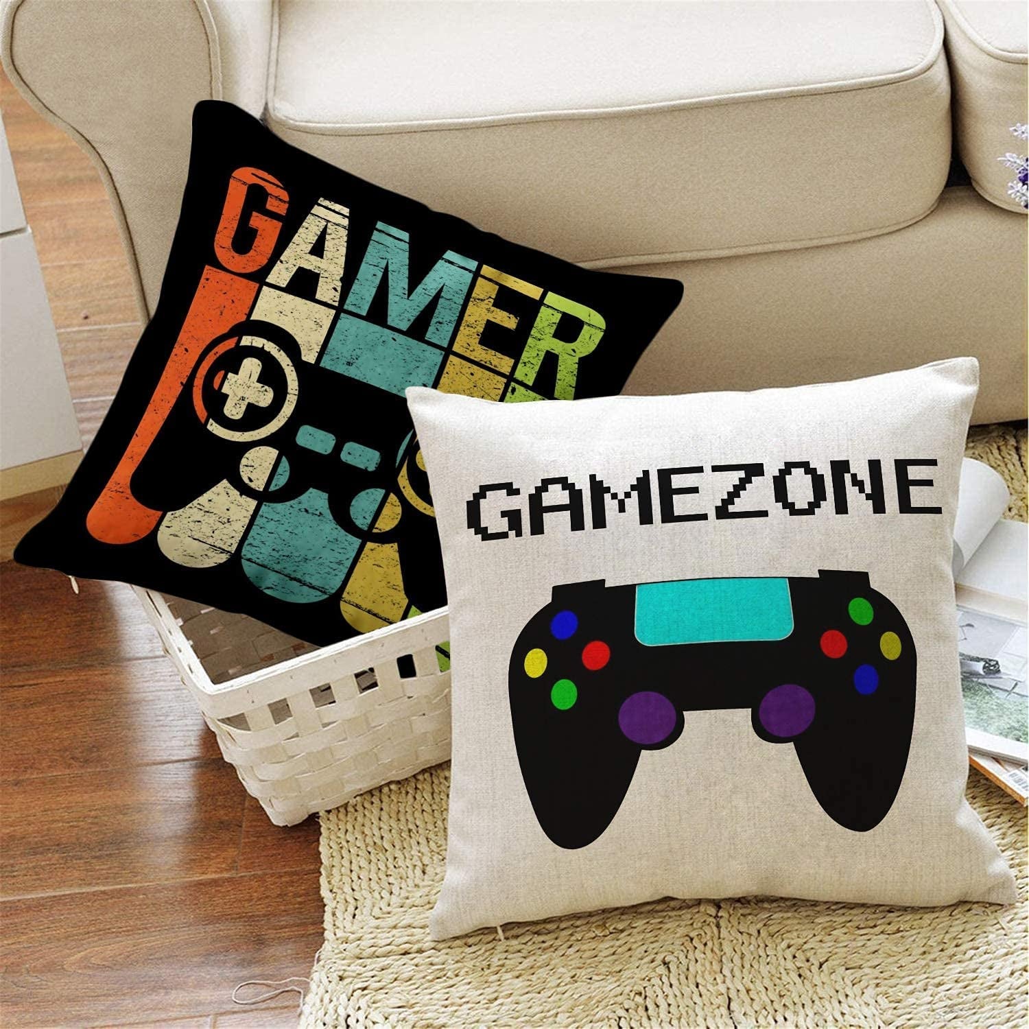 Gamer Game Controller Set of 4 Linen Square Throw Pillow Video Games Case Cushion Cover for Playroom Office Bed Sofa Decor 18