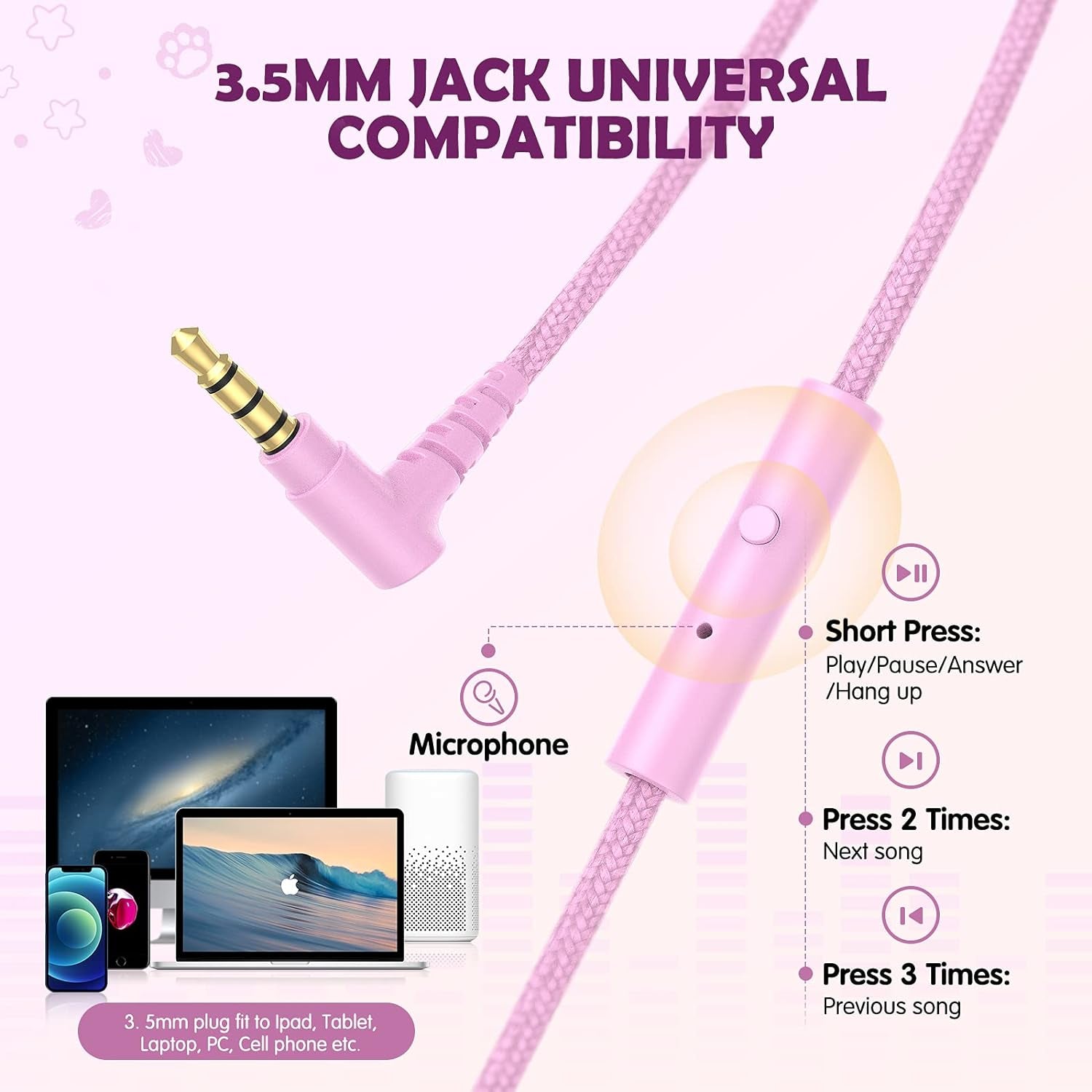 Kids Headphones, Wired Headphones for Boys Teen Girls, Children Headphones with 85Db Volume Limit, On-Ear Headphones for School, Travel, Cellphones, Tablets, Pc（Pink）