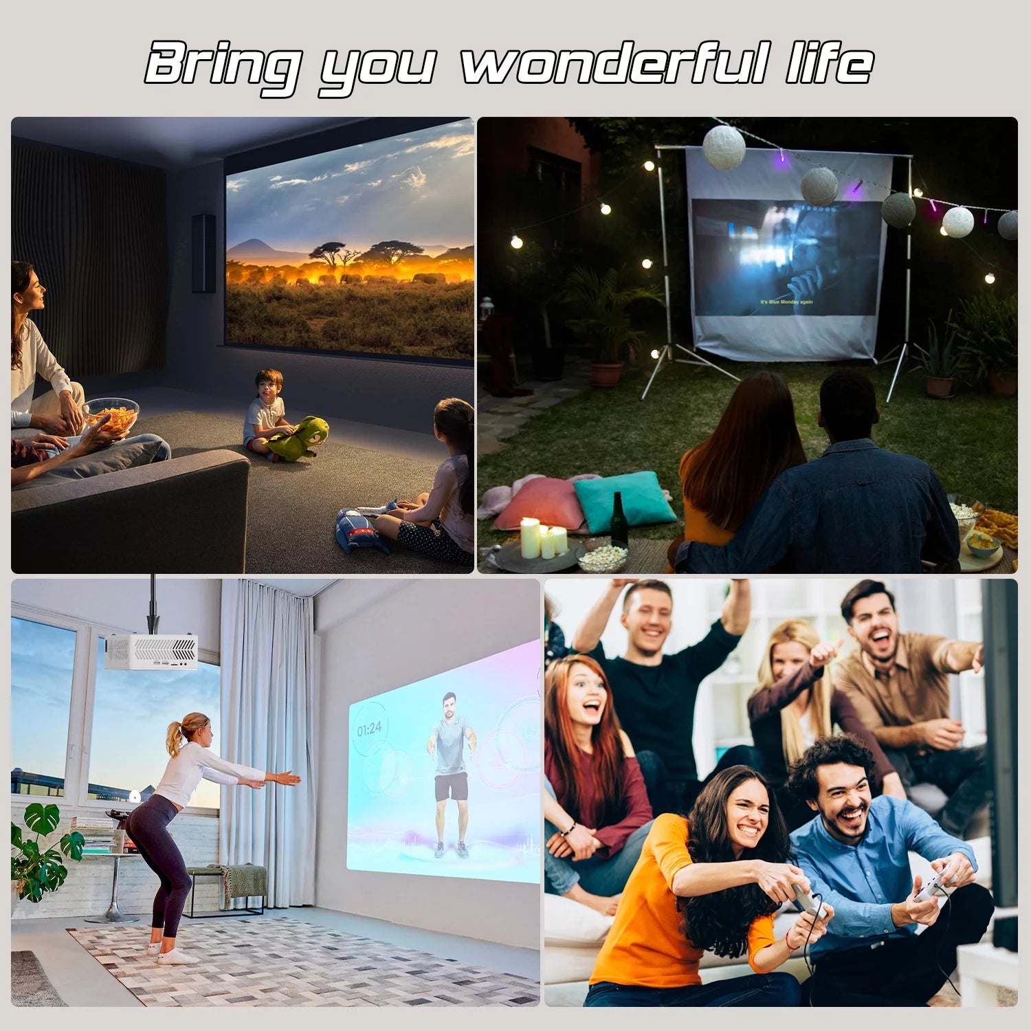 Projector with Wifi and Bluetooth, 4K Supported Video Projector with 100" Screen, Native 1080P Outdoor Movie Projector