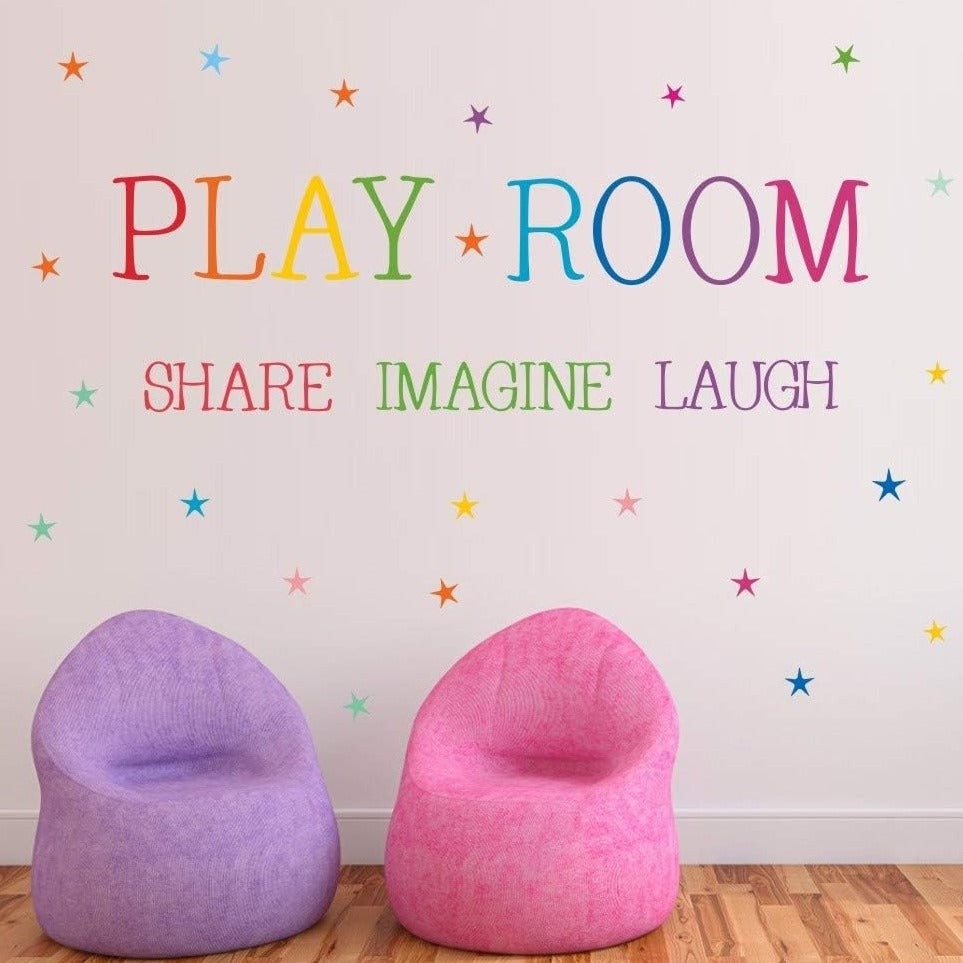 Playroom Share Imagine Laugh Wall Sticker, Inspirational Quote Wall Decals,Colorful Stars Playroom Sticker for Wall Classroom Nursery Decoration
