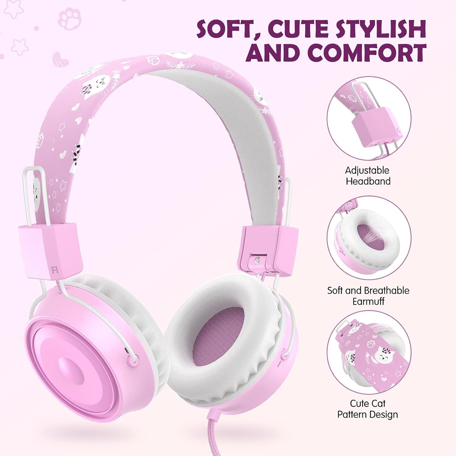 Kids Headphones, Wired Headphones for Boys Teen Girls, Children Headphones with 85Db Volume Limit, On-Ear Headphones for School, Travel, Cellphones, Tablets, Pc（Pink）