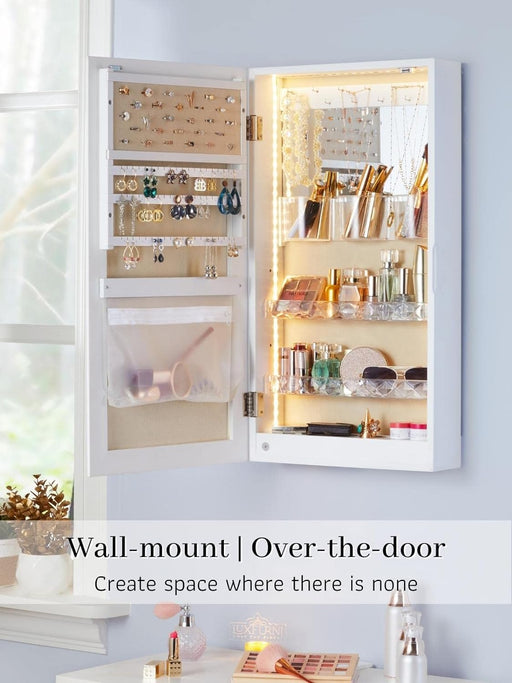 LED Jewelry Organizer with Mirror, Small Jewelry Cabinet Wall-Mount/Door-Hanging Armoire,Lightweight Jewelry Storage for Bedroom