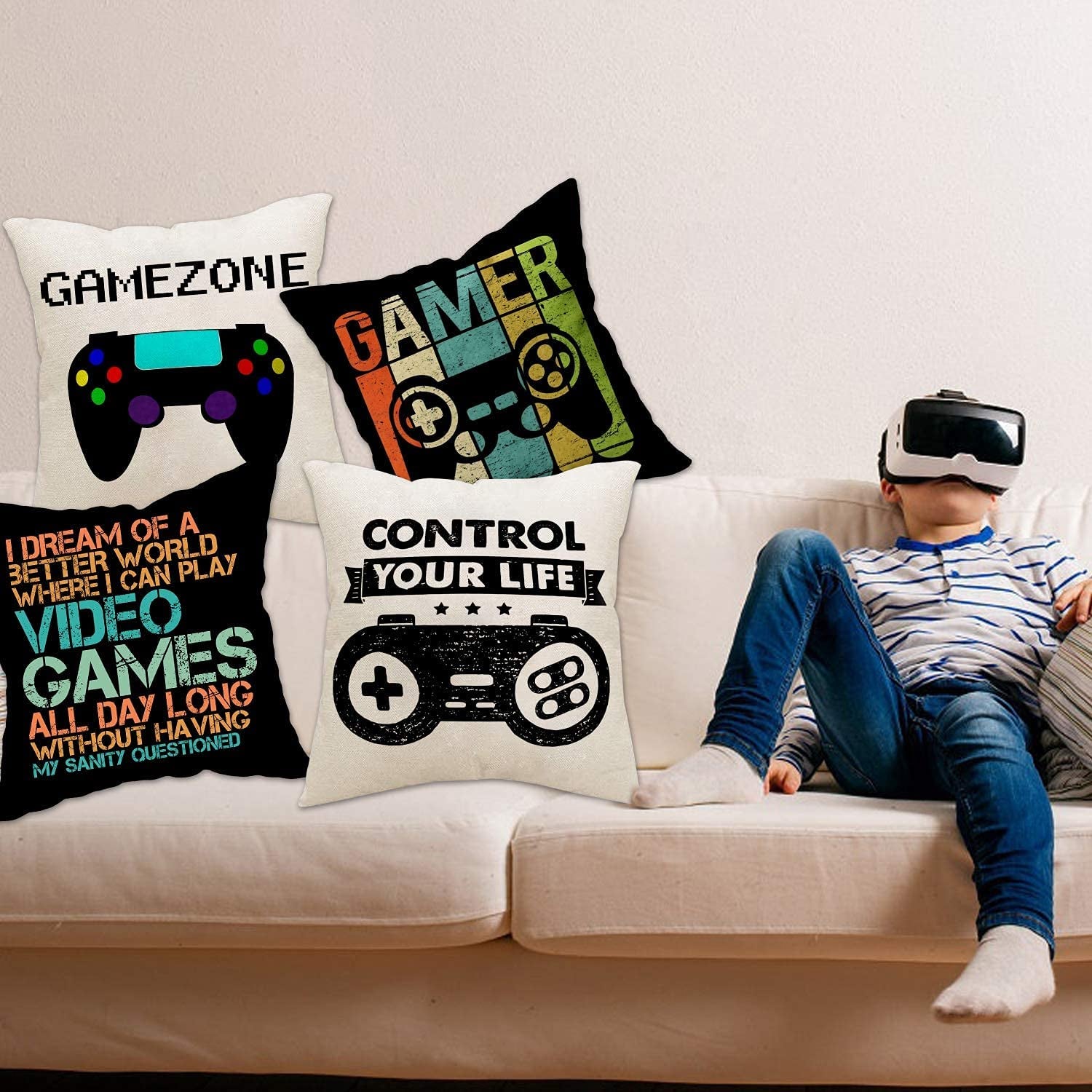 Gamer Game Controller Set of 4 Linen Square Throw Pillow Video Games Case Cushion Cover for Playroom Office Bed Sofa Decor 18