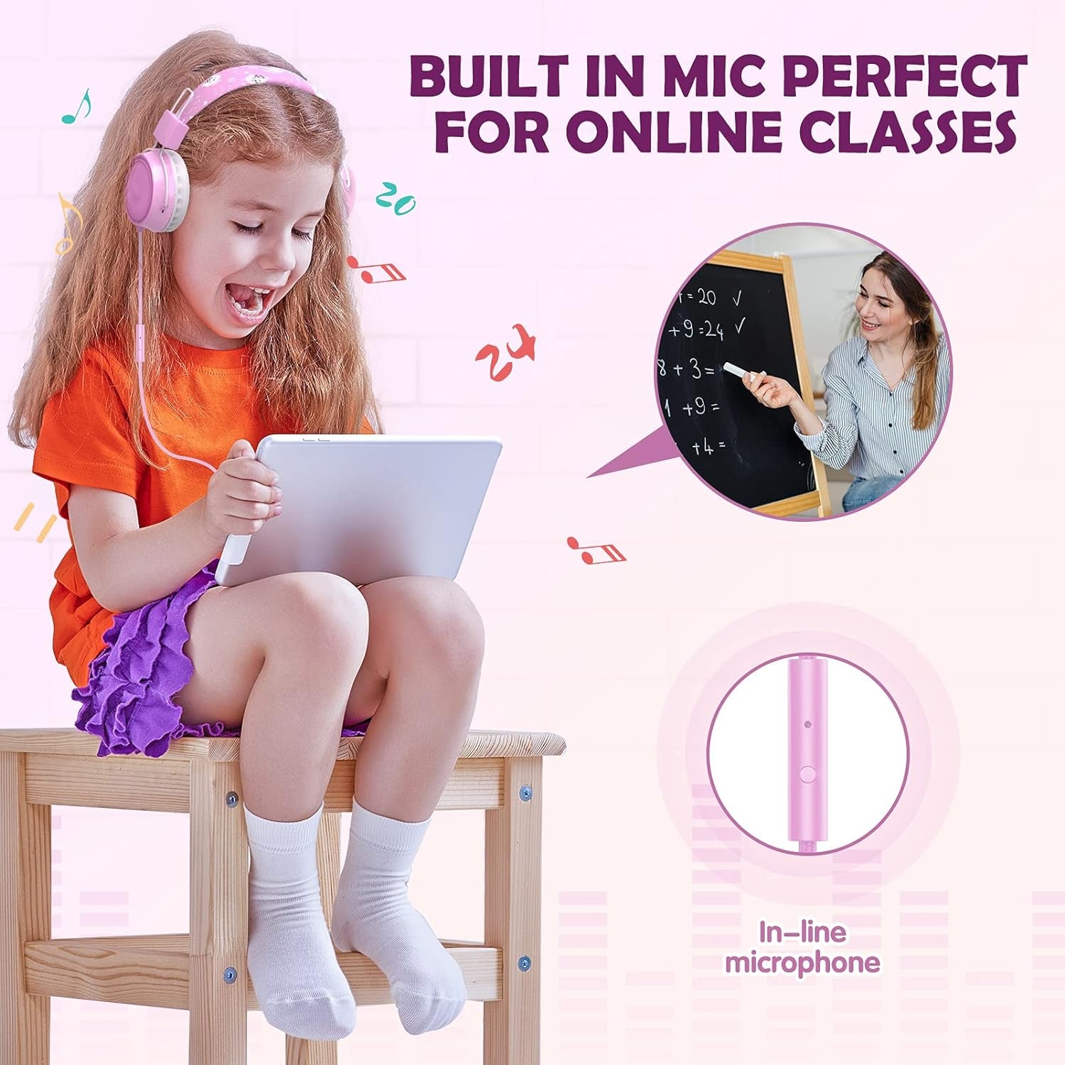 Kids Headphones, Wired Headphones for Boys Teen Girls, Children Headphones with 85Db Volume Limit, On-Ear Headphones for School, Travel, Cellphones, Tablets, Pc（Pink）