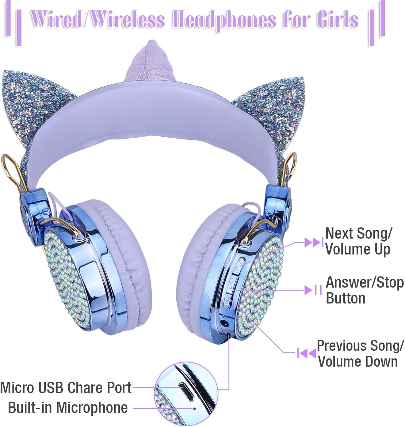 Kids Headphones, Wireless Headphones for Kids Unicorn Headphones for Girls Bluetooth Headphones W/Mic with Adjustable Headband, over on Ear Headset for Smartphones/School/Kindle/Tablet/Pc (Blue)
