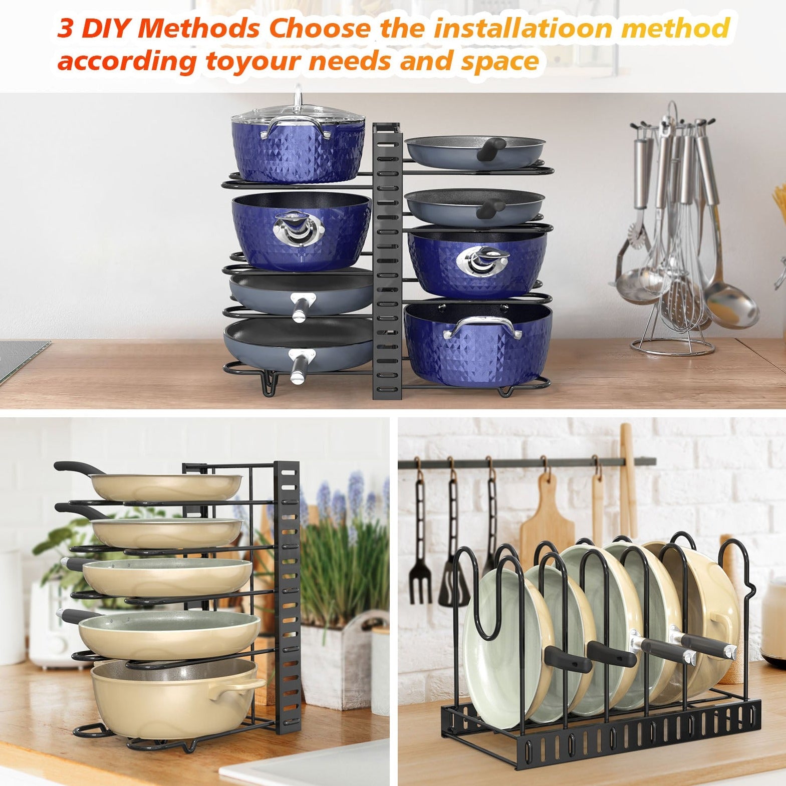 Pot And Pan Organizer, Pot Lid Holders & Pan Rack, Multiple DIY Methods, 8 Tier Pot Racks, Adjustable Kitchen Organization And Storage For Pots And Pans.