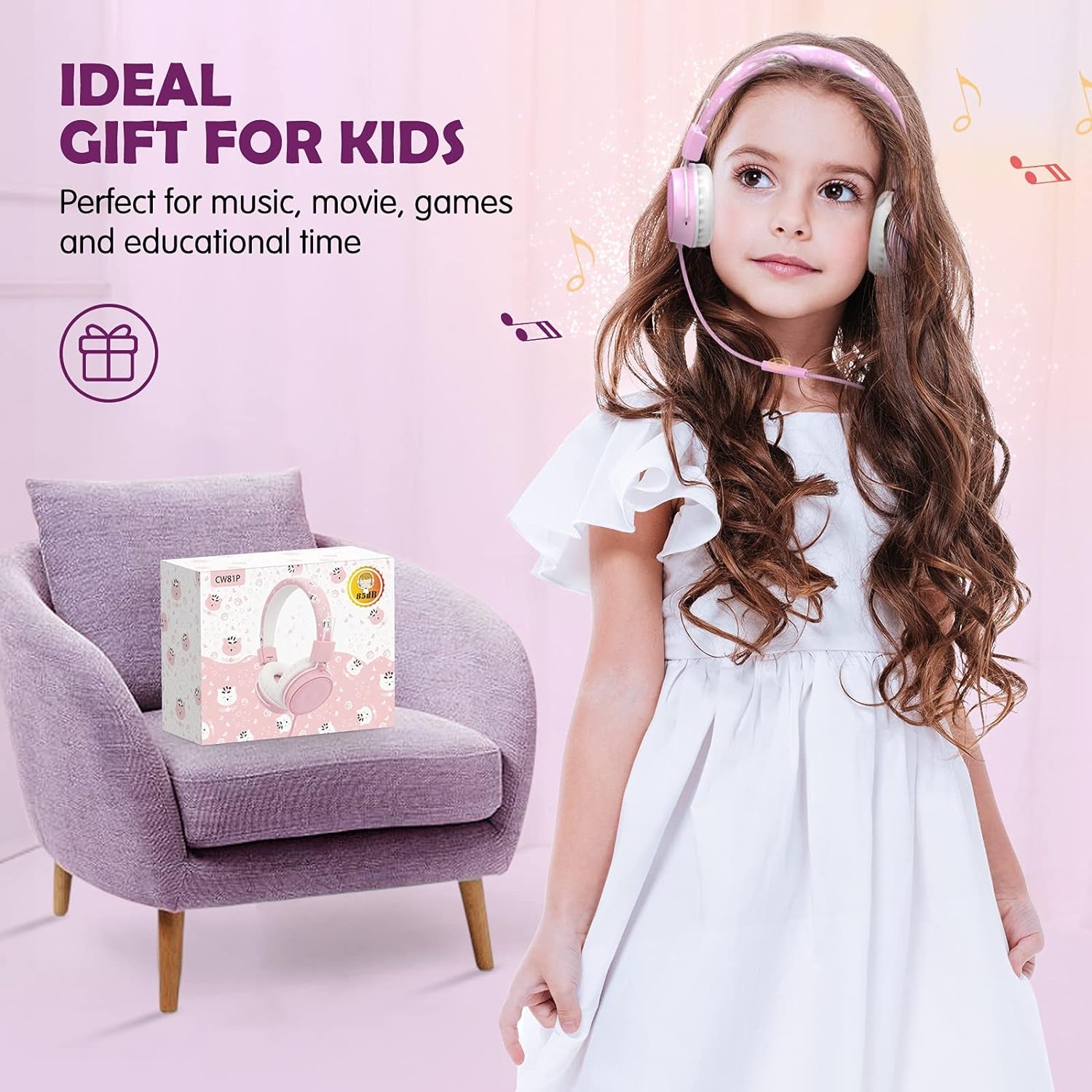 Kids Headphones, Wired Headphones for Boys Teen Girls, Children Headphones with 85Db Volume Limit, On-Ear Headphones for School, Travel, Cellphones, Tablets, Pc（Pink）