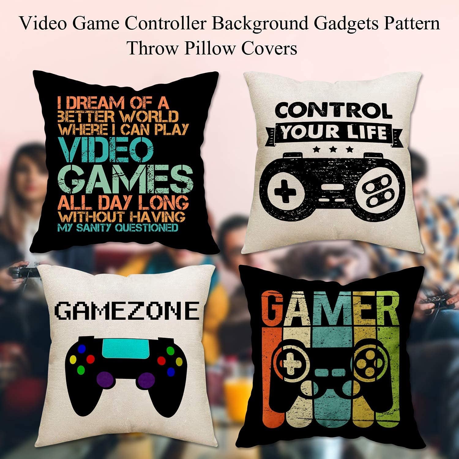 Gamer Game Controller Set of 4 Linen Square Throw Pillow Video Games Case Cushion Cover for Playroom Office Bed Sofa Decor 18