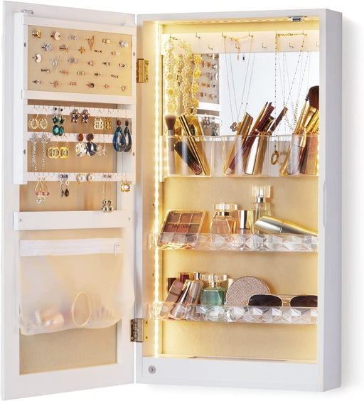 LED Jewelry Organizer with Mirror, Small Jewelry Cabinet Wall-Mount/Door-Hanging Armoire,Lightweight Jewelry Storage for Bedroom