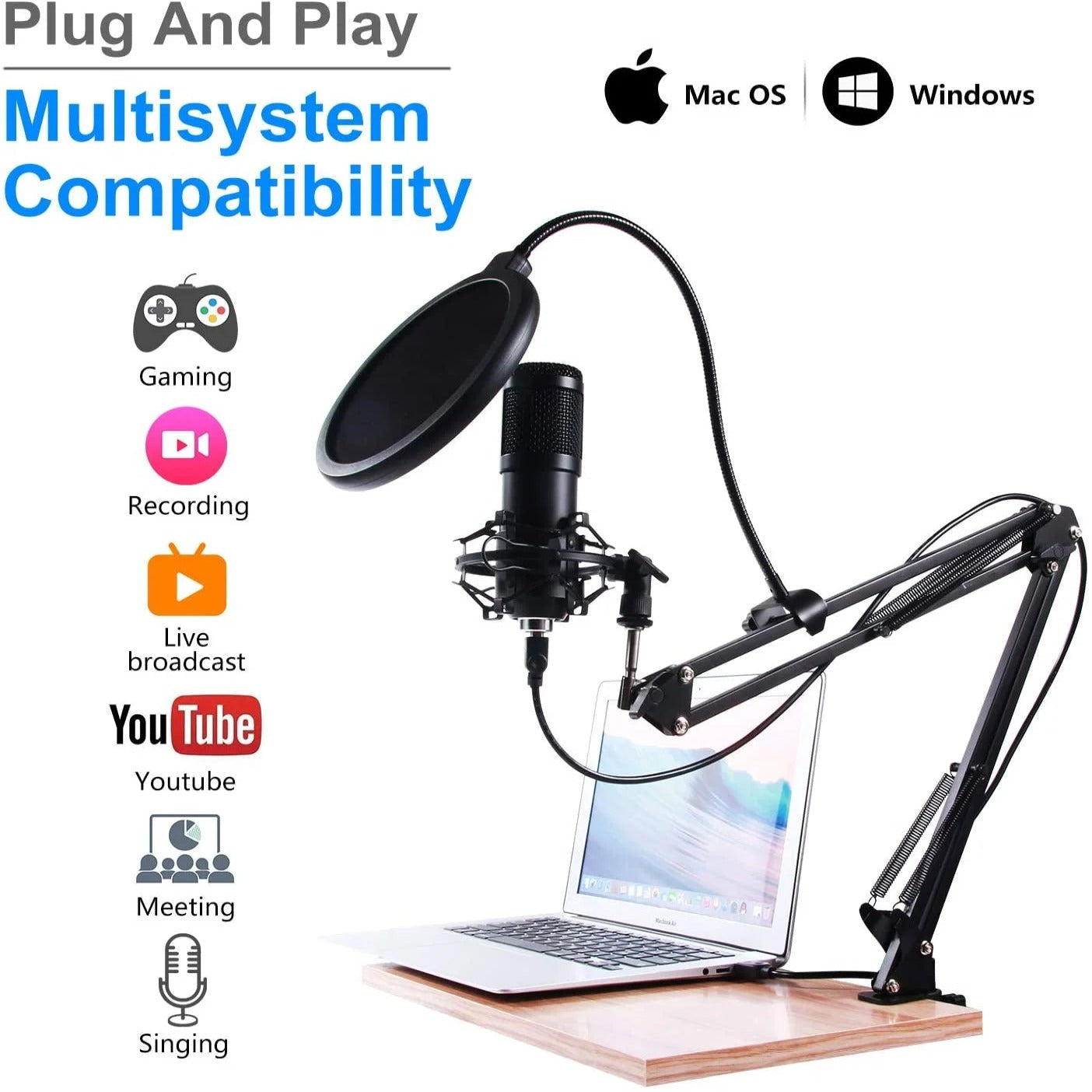 USB Streaming Podcast Microphone Kit,Professional 192Khz/24Bit Studio Cardioid Condenser Computer PC Mic Kit with Scissor Arm Shock Mount Stand Pop Filter for Music Recording