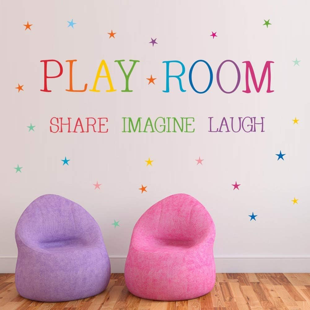Playroom Share Imagine Laugh Wall Sticker, Inspirational Quote Wall Decals,Colorful Stars Playroom Sticker for Wall Classroom Nursery Decoration