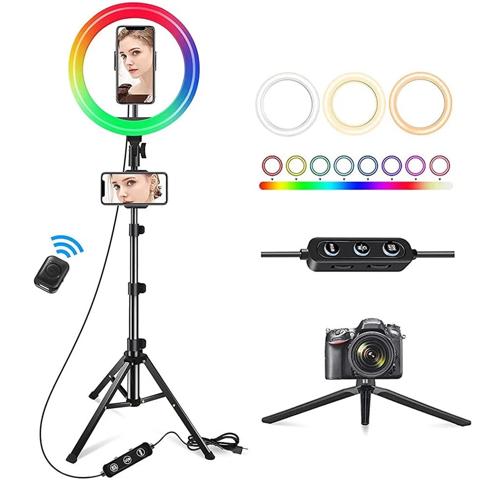 13" LED RGB Selfie Ring Light W/ Mini & Extendable Tripod Stand & Phone Holder 10 Brightness Level 26 Light Modes Dimmable Ringlight for Beauty Makeup Live Streaming Youtube Video Photography Shooting