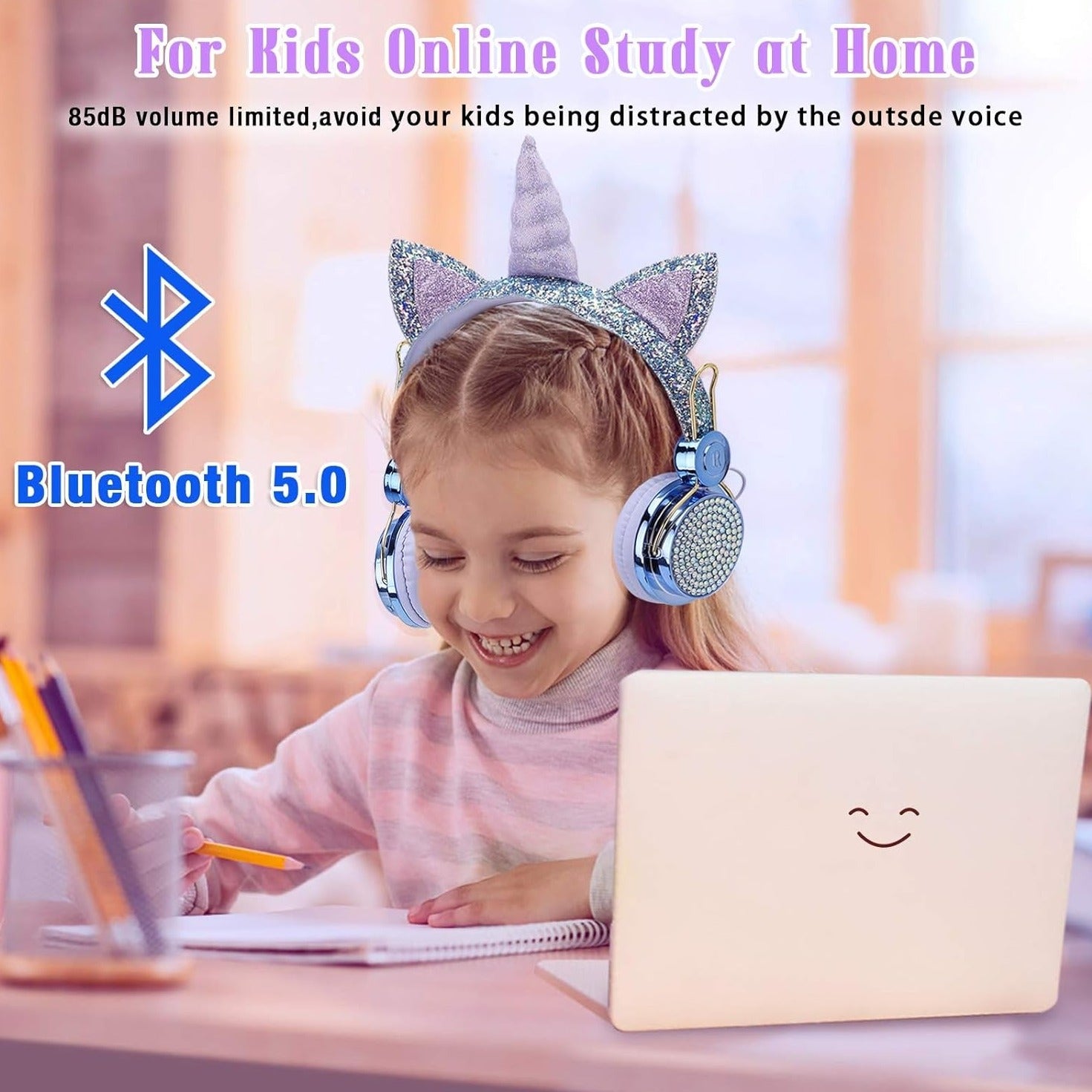 Kids Headphones, Wireless Headphones for Kids Unicorn Headphones for Girls Bluetooth Headphones W/Mic with Adjustable Headband, over on Ear Headset for Smartphones/School/Kindle/Tablet/Pc (Blue)